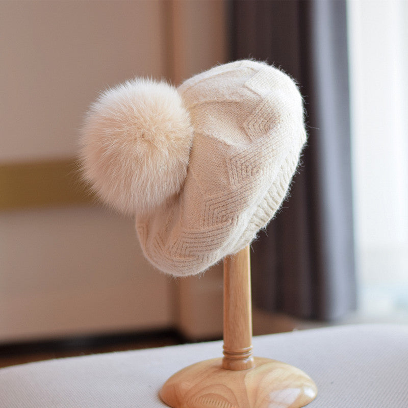 Wool & Fox Fur Pom Beret – Timeless Winter Elegance