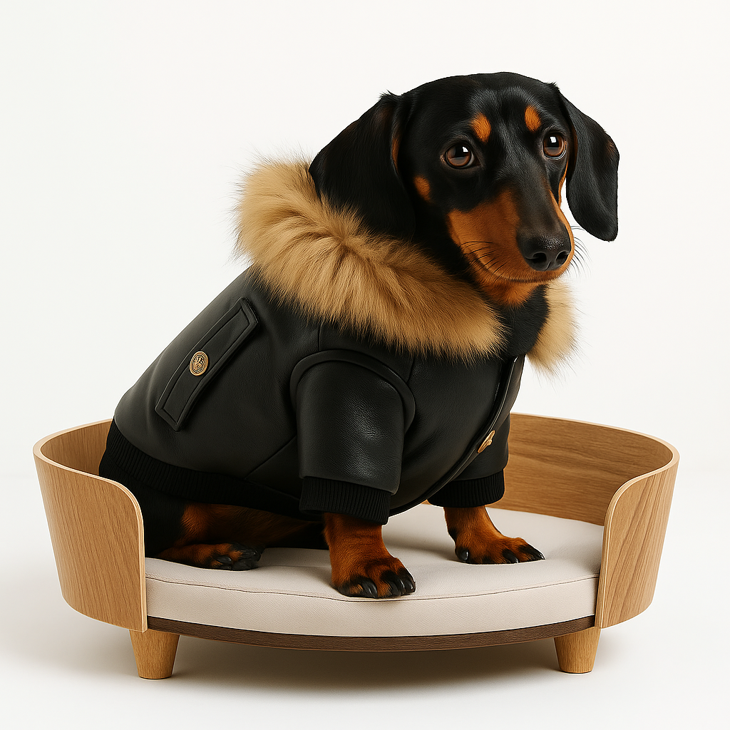 Luxe Pet Bundle: Faux Leather Fur Coat & Designer Wooden Bed