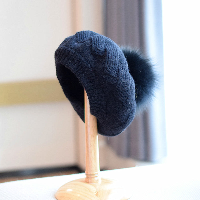 Wool & Fox Fur Pom Beret – Timeless Winter Elegance