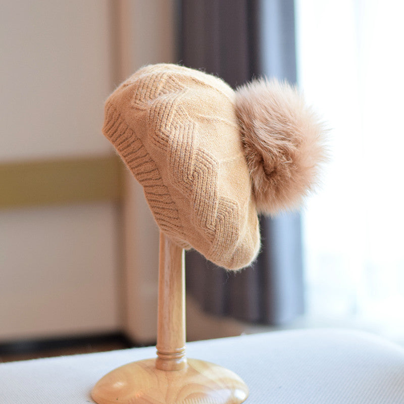 Wool & Fox Fur Pom Beret – Timeless Winter Elegance