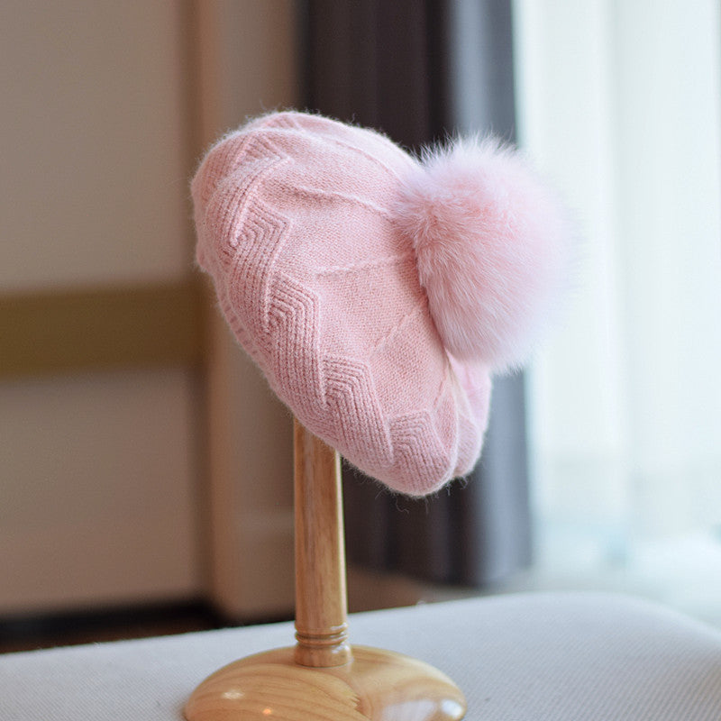 Wool & Fox Fur Pom Beret – Timeless Winter Elegance